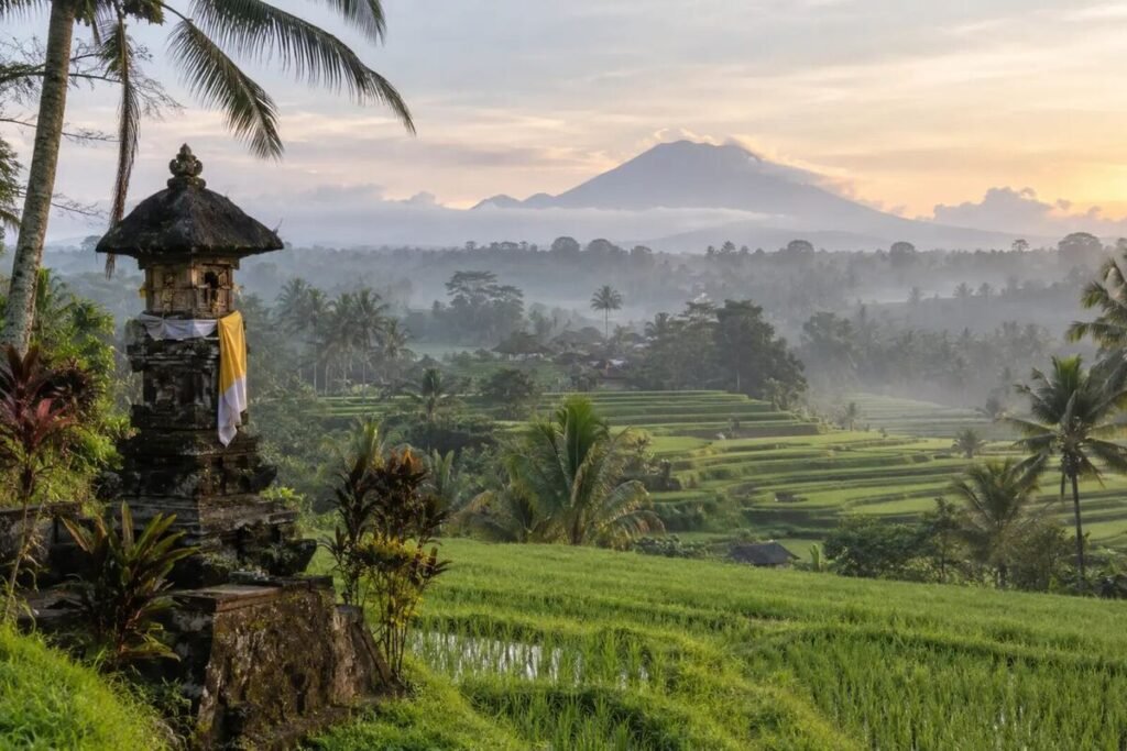 Bali first-time guide with rice terraces, a shrine and tropical mountains
