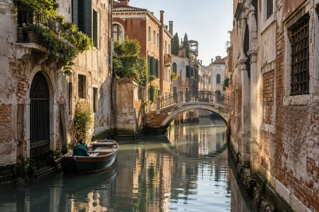 Italy private tour with a quiet canal and bridge in Venice